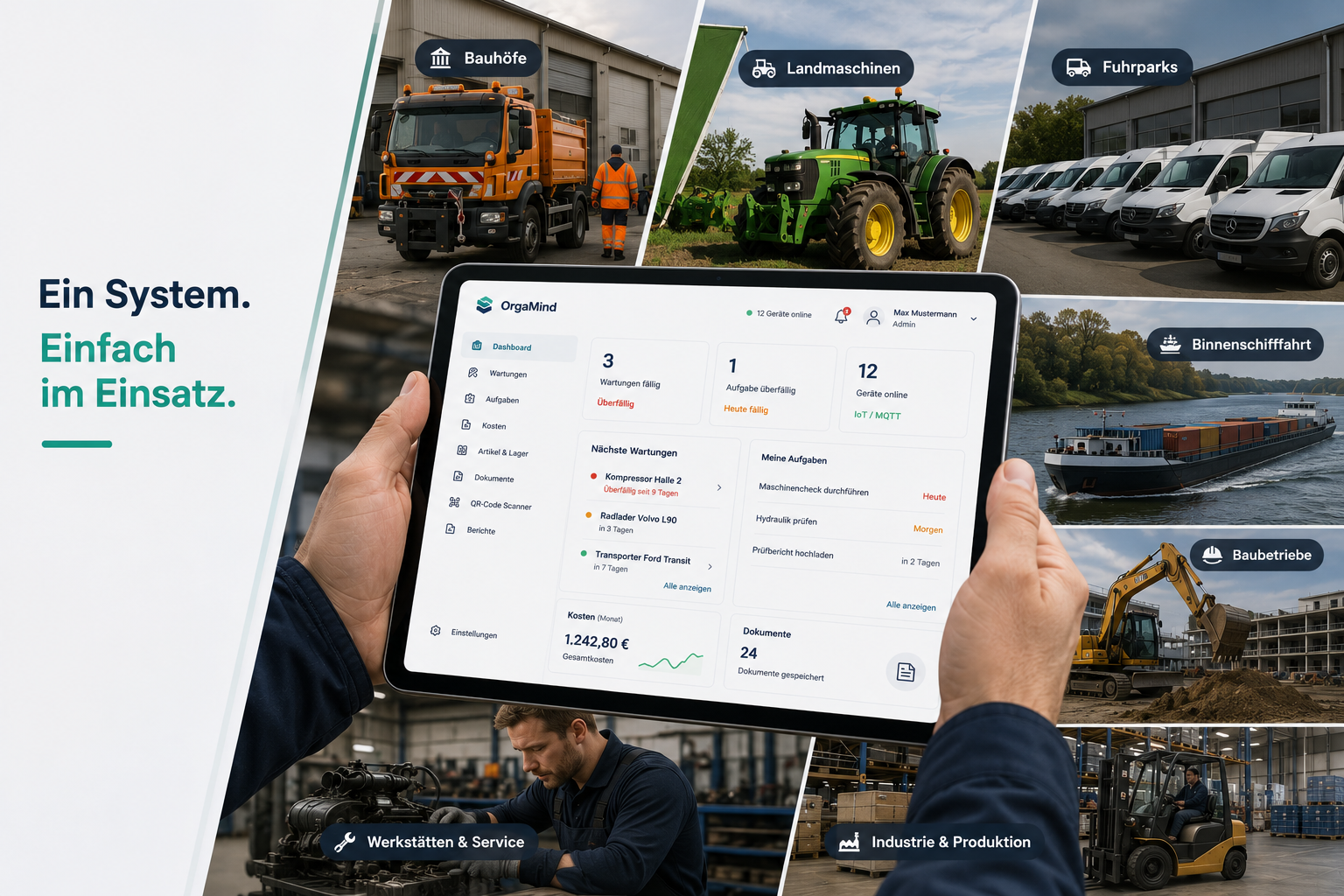 OrgaMind Plattformuebersicht fuer technische Organisation in Bauhoefen, Landwirtschaft, Fuhrparks, Schifffahrt, Bau, Werkstatt und Industrie