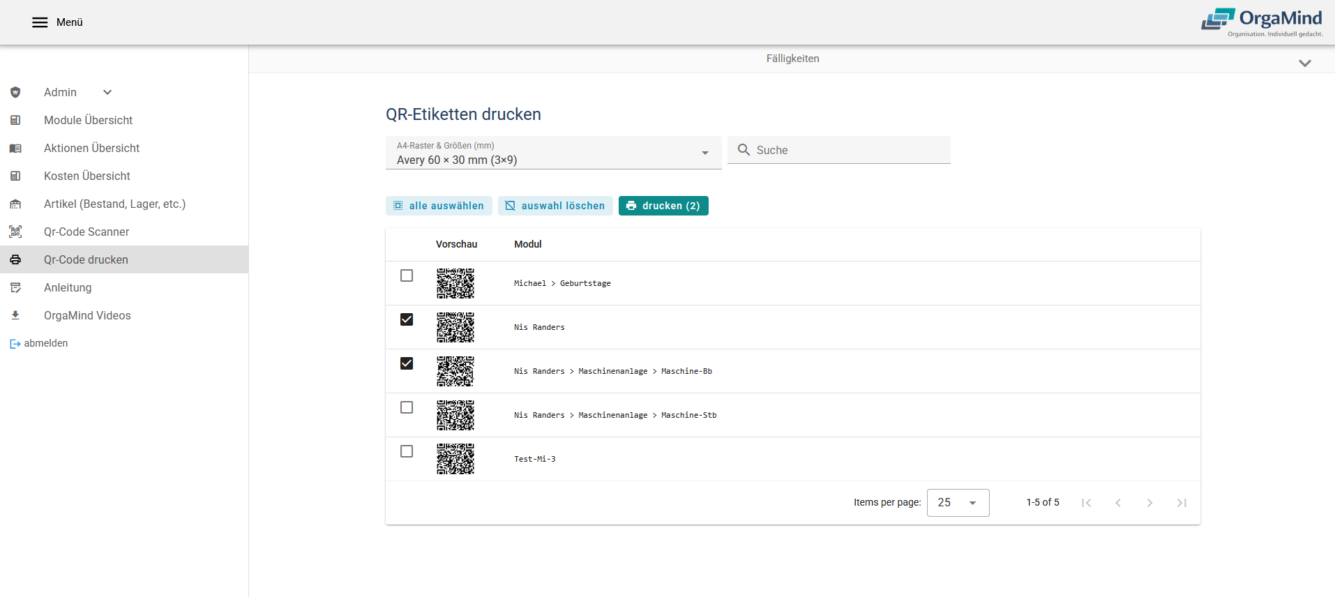 OrgaMind QR-Etiketten drucken